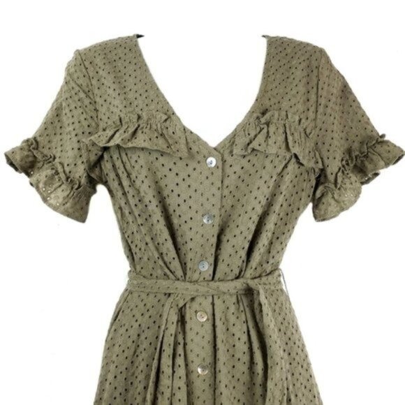 First Monday Womens Green Tie Waist Ruffle Eyelet Midi Dress Size XS NWT - Picture 2 of 5